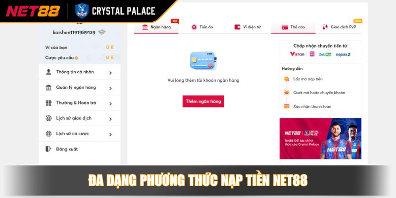 Đa dạng phương thức nạp tiền NET88